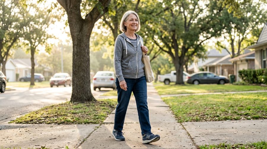 Woman walking comfortably outdoors