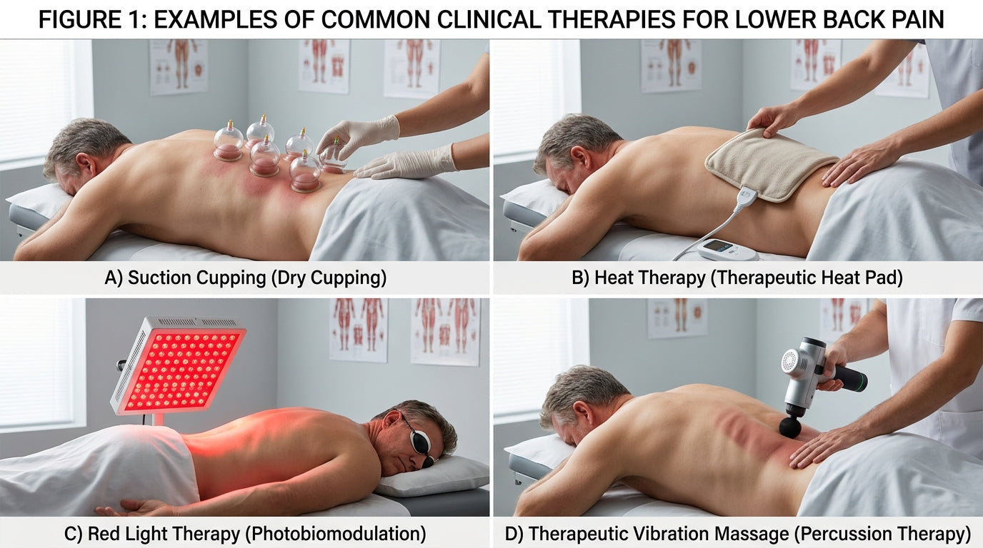 Four clinic therapies for lower back pain: cupping, heat, red light, and vibration massage