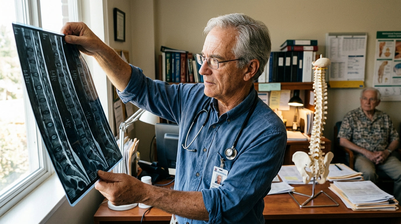 A doctor of medicine examining a lumbar spine MRI film