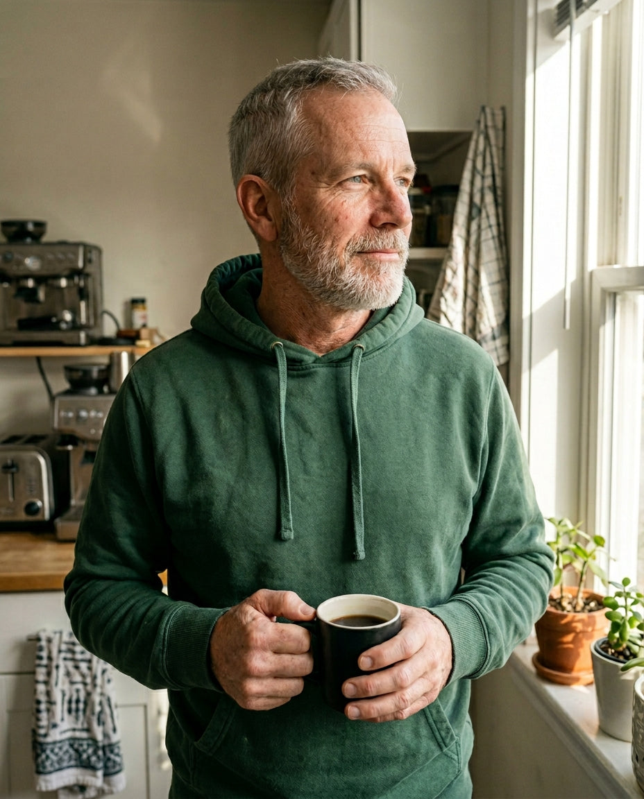 An older man relaxed with a morning cup of coffee in soft daylight