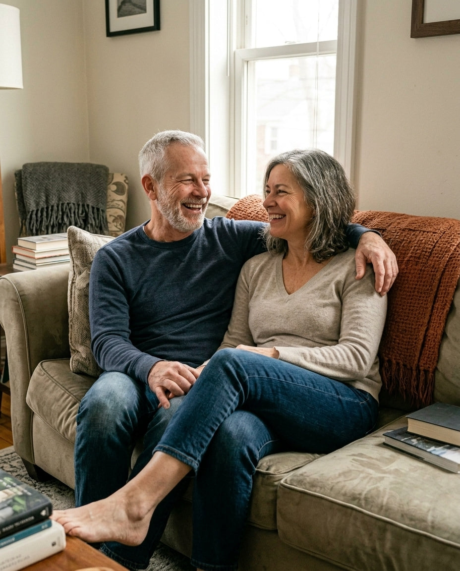 An older couple at ease together at home