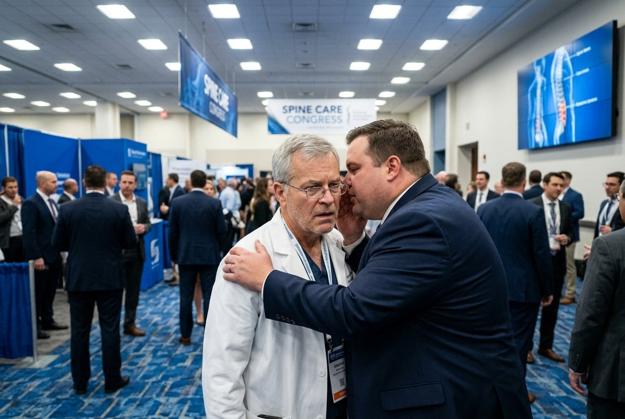 A man in a suit leaning in to whisper a warning, gripping the shoulder of an uneasy doctor in a white coat at a spine-care conference