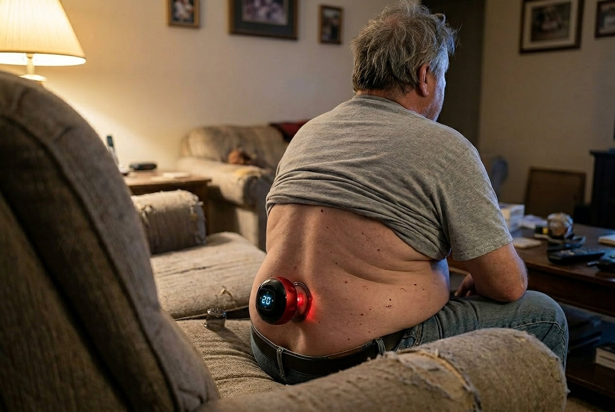 Dave on his sofa watching TV with the Cordia device on his lower back, seen from behind