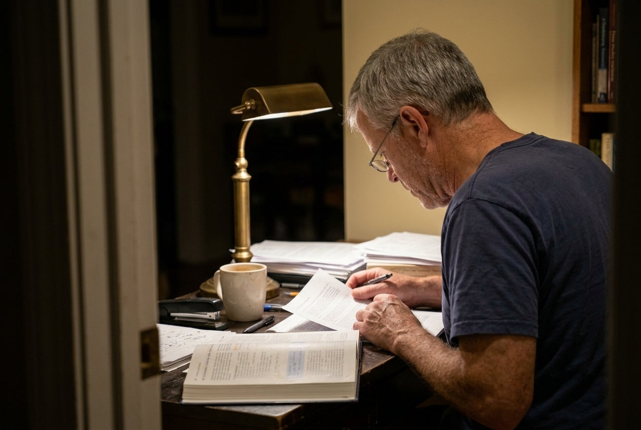 Dr. Whitfield hunched over a cluttered desk late at night, reading printed studies under a lamp