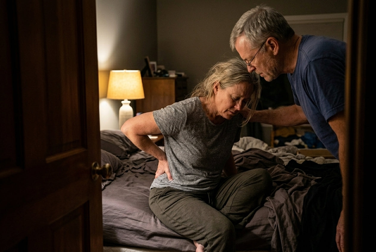Sarah hunched on the edge of the bed in pain at night, her husband leaning in helplessly