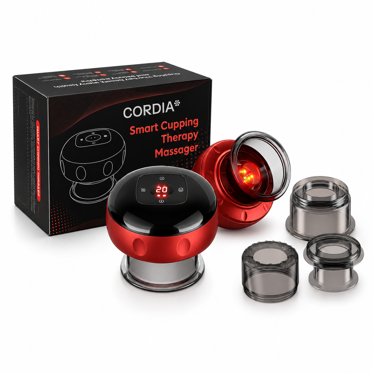 The Cordia Smart Cupper with its box and three interchangeable cup heads