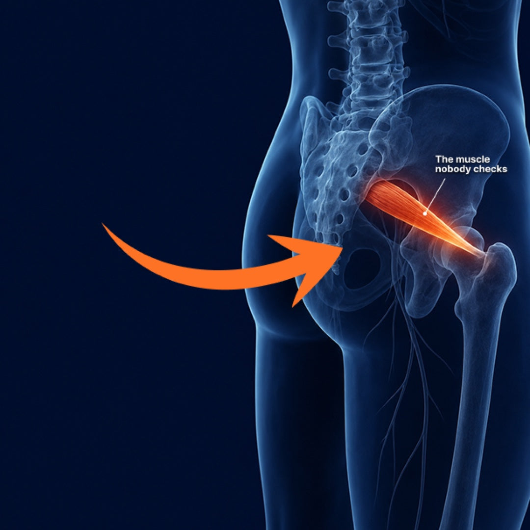 X-ray view of the hip highlighting the piriformis muscle over the sciatic nerve, labeled the muscle nobody checks