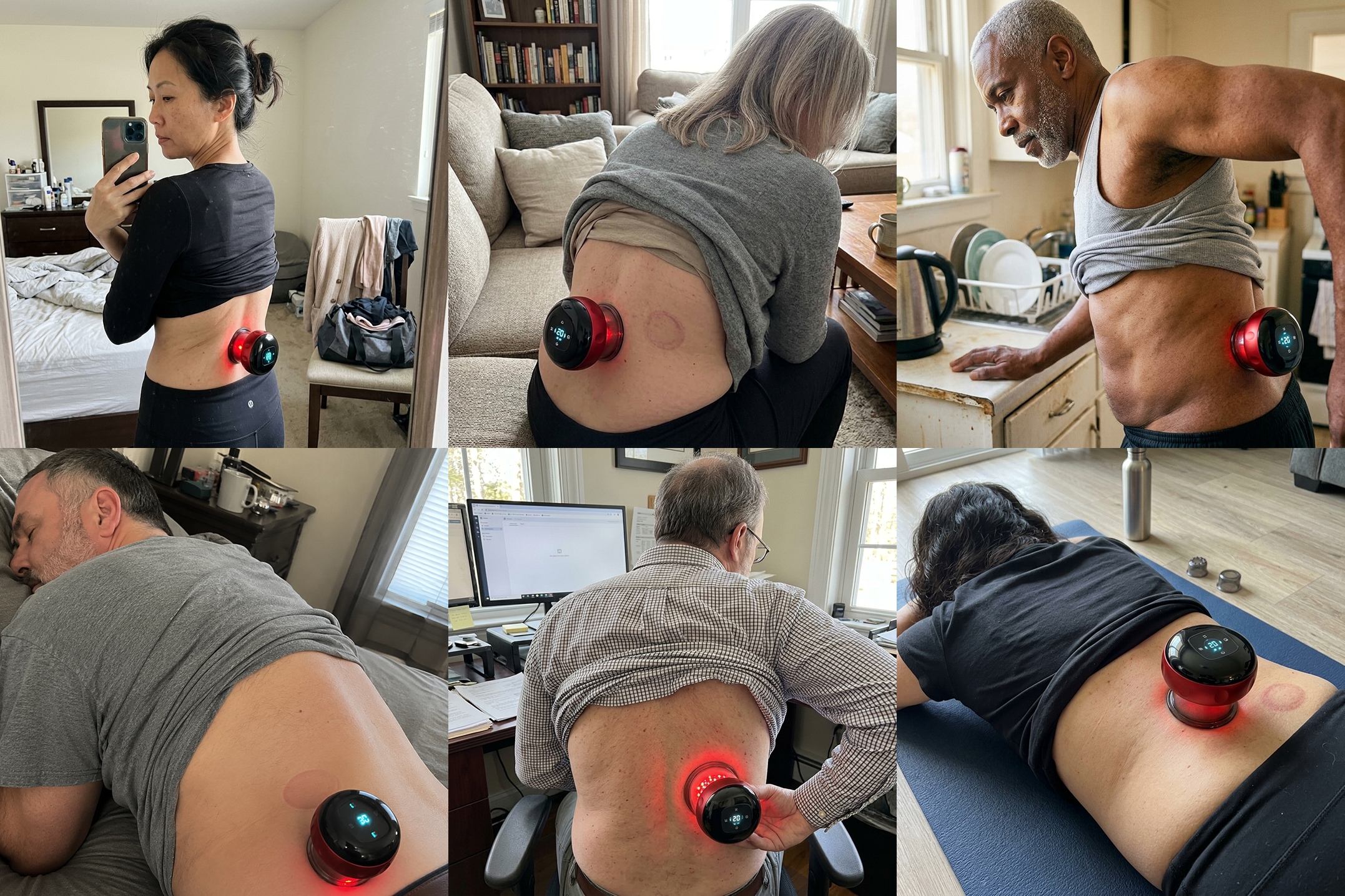 A grid of people using the Cordia device on their lower back at home