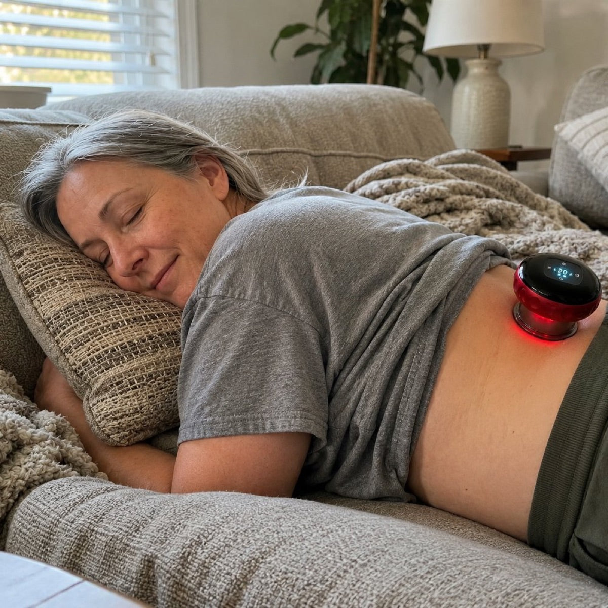 Woman relaxing on the couch using the Cordia Smart Cupper on her back