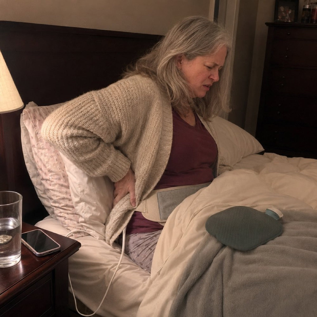 Woman with a heating pad on her lower back