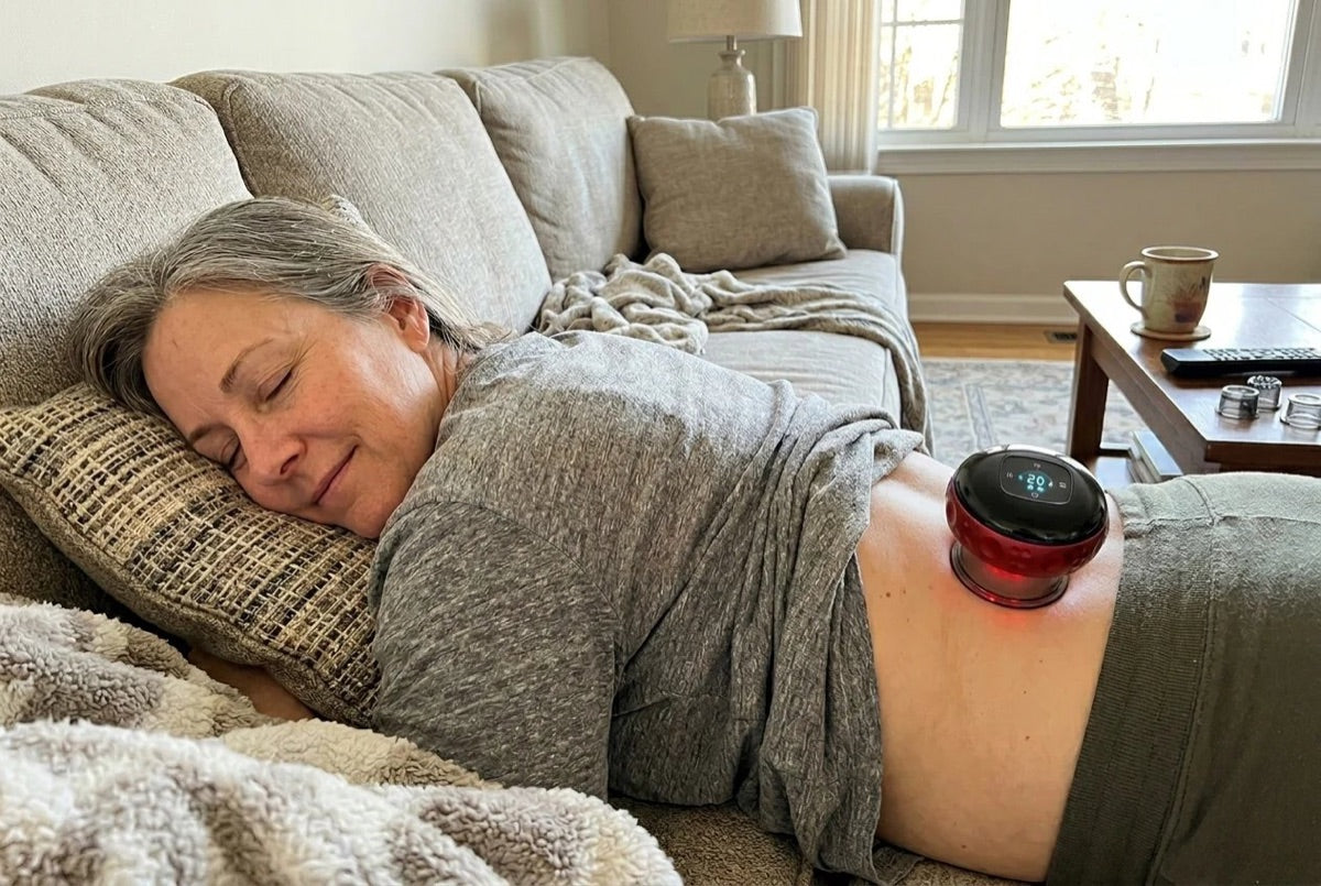 Woman resting on the sofa with the Cordia Smart Cupper on her lower back for sciatica relief