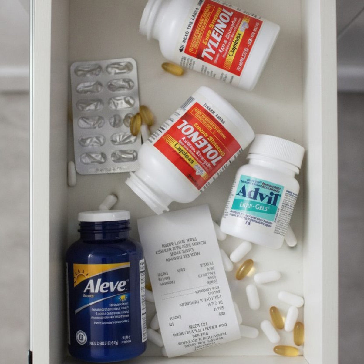 Over-the-counter painkillers on a counter