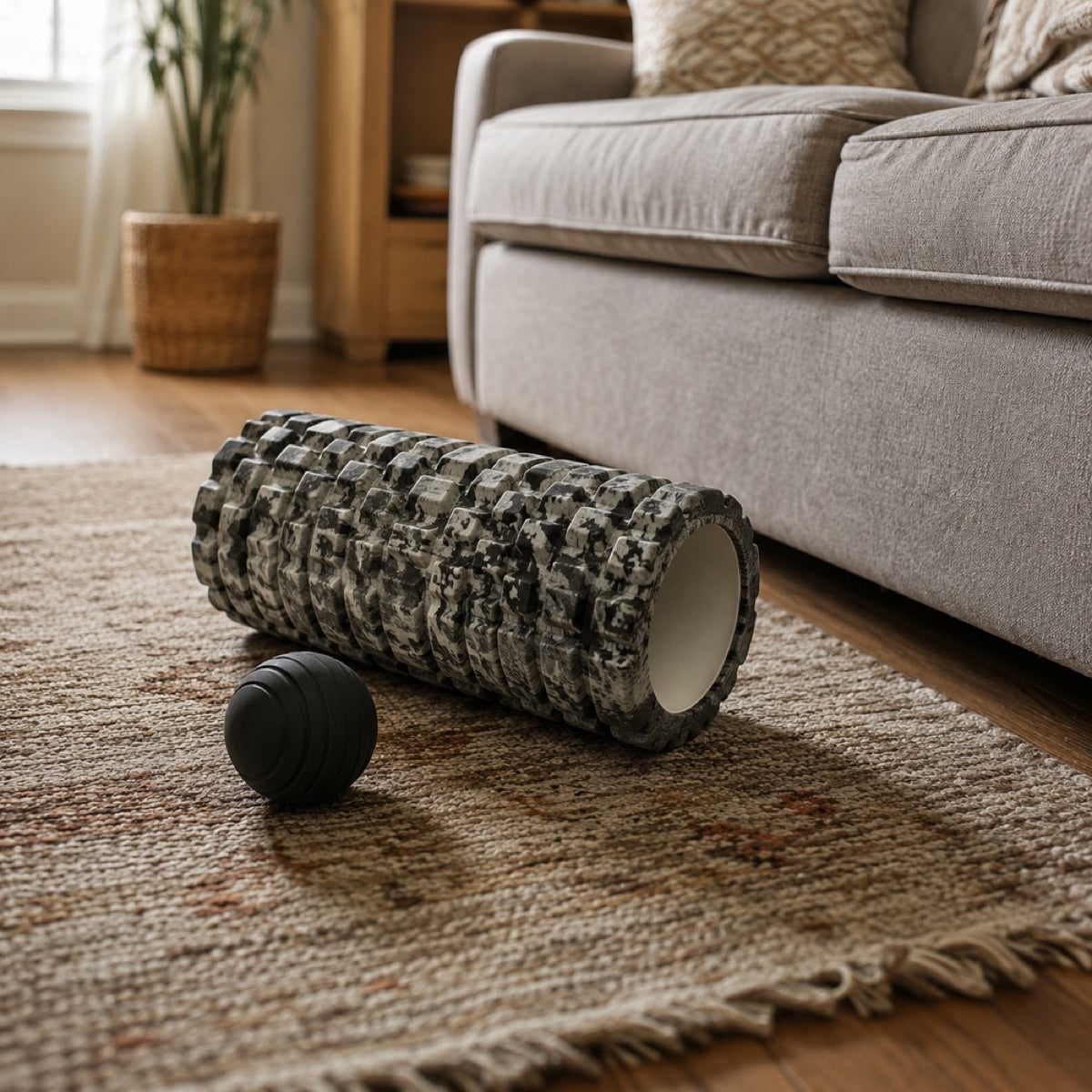 A black textured foam roller with a knobby massage surface