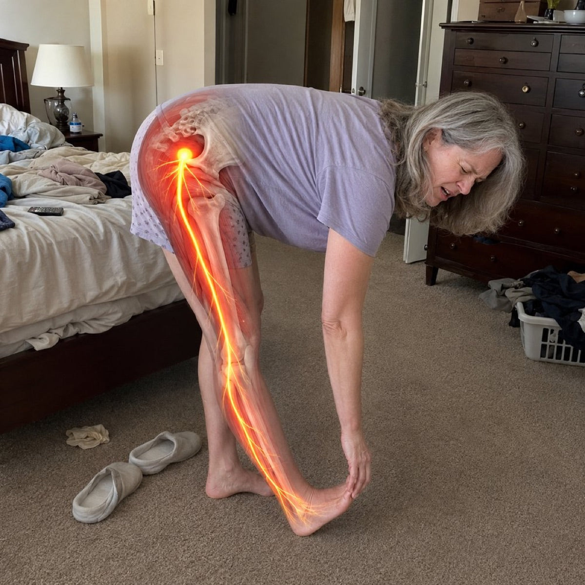 Woman doing a sciatica stretch at home