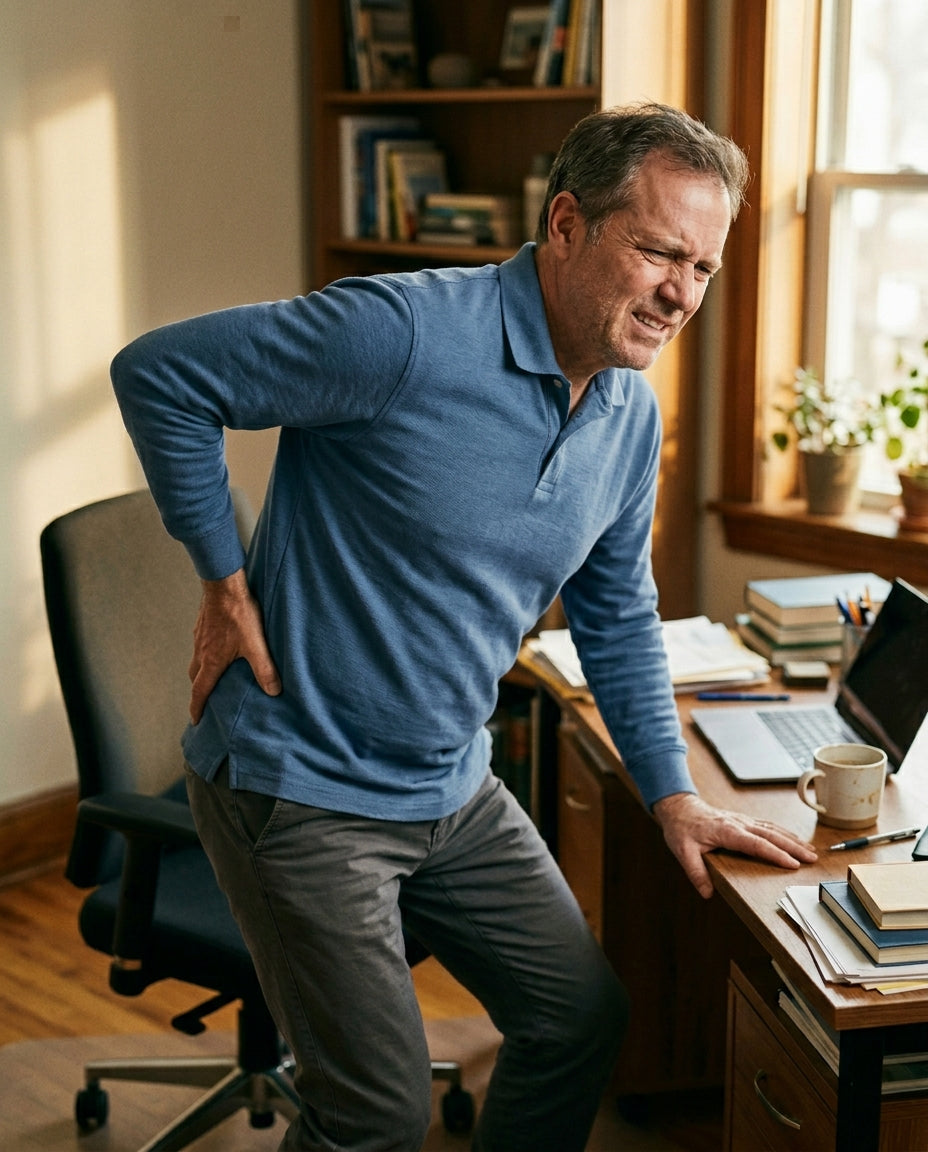 Hero — man in his mid-50s at a desk / half-risen from an office