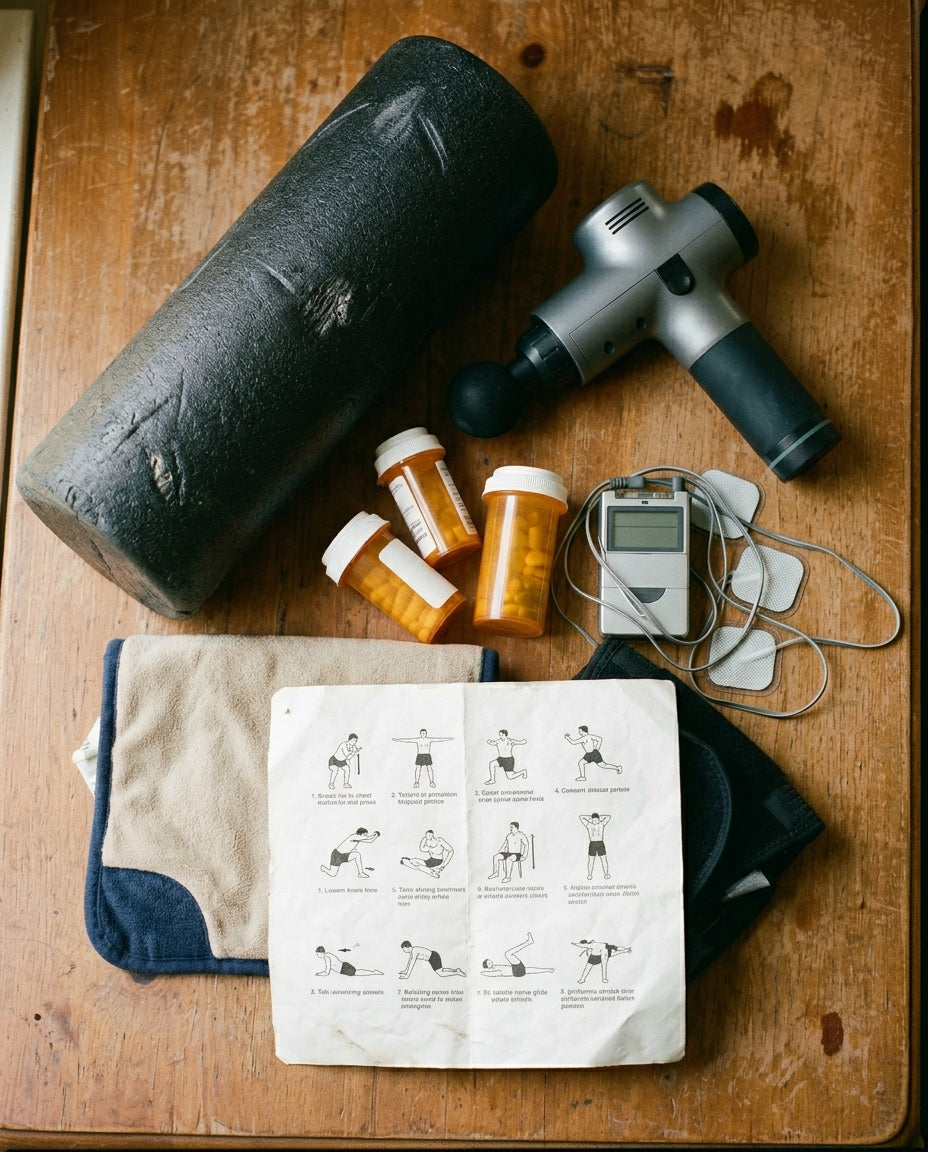 Failed-remedy montage — flat lay on a wooden table: a foam roller, a massage