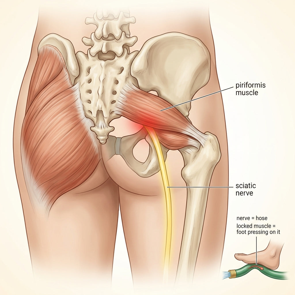 Anatomy diagram — posterior view of the pelvis and one upper leg showing the