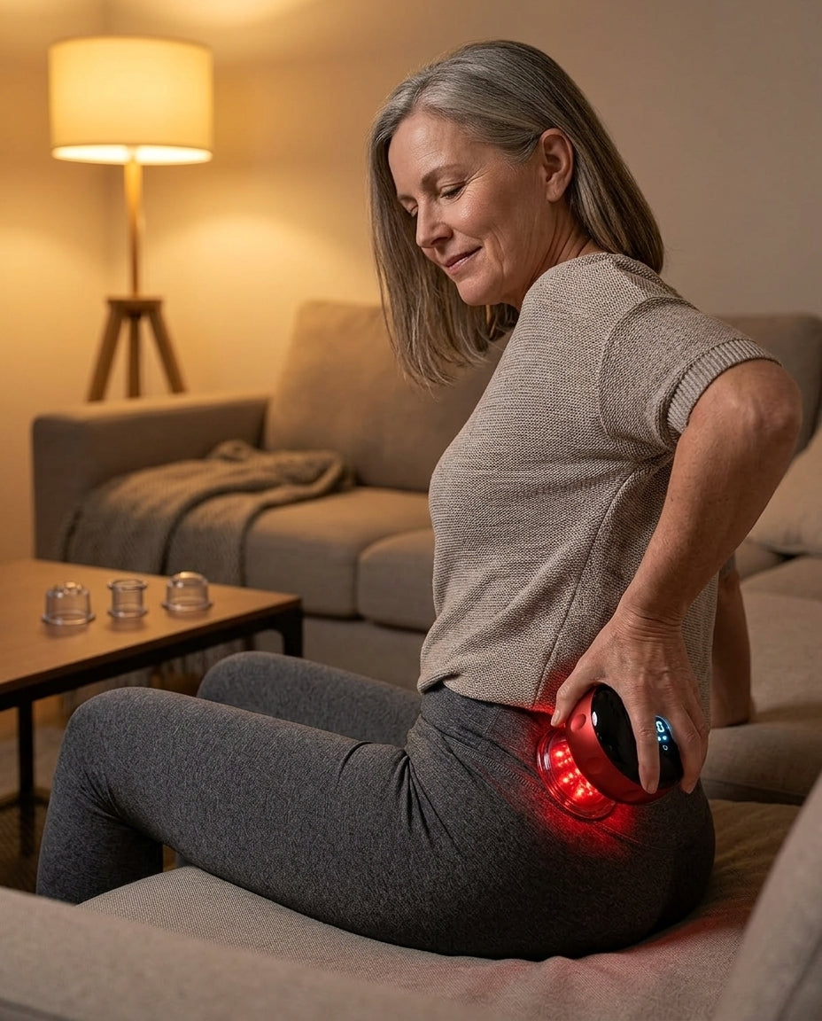 Product demo — the real Cordia Smart Cupper held against a glute / lower-back
