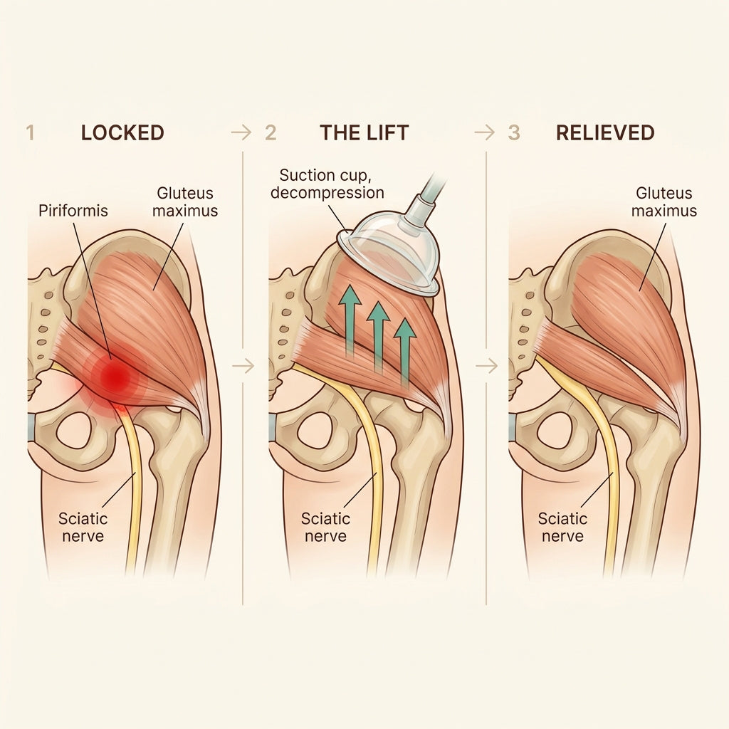 Three-panel mechanism diagram — each panel shows the SAME piriformis-over-sciatic-nerve cross-section. Panel 1 THE