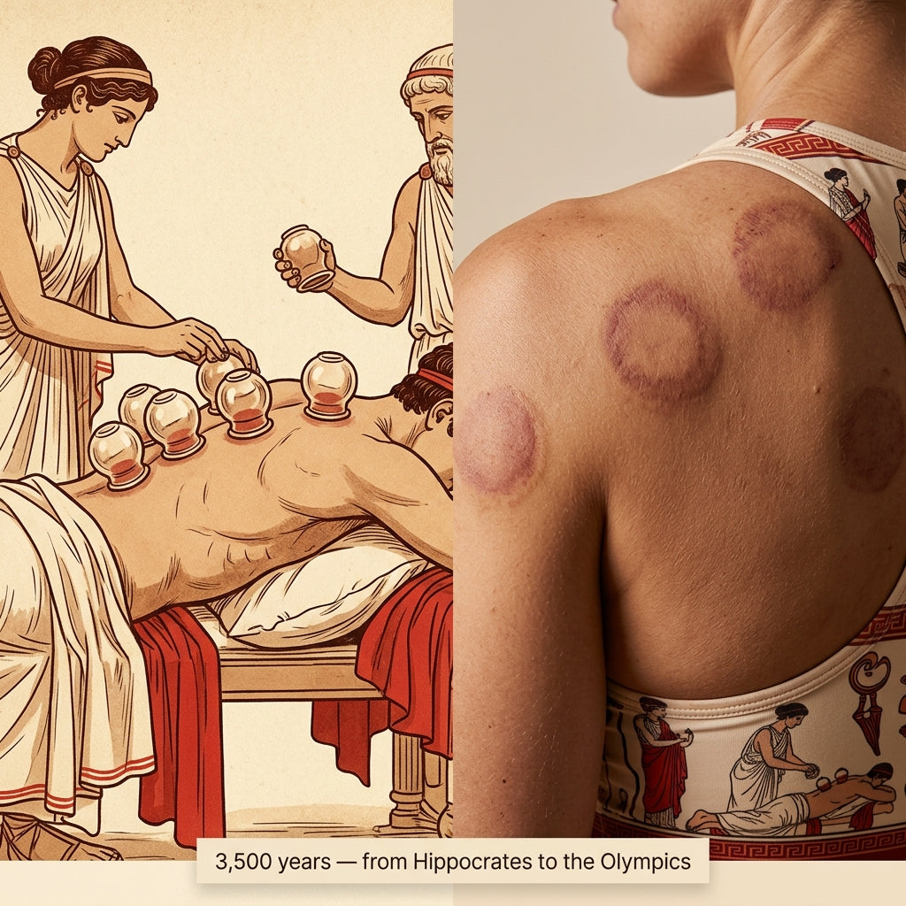 Heritage / athlete proof — visible circular cupping marks on an athlete's shoulder/back and