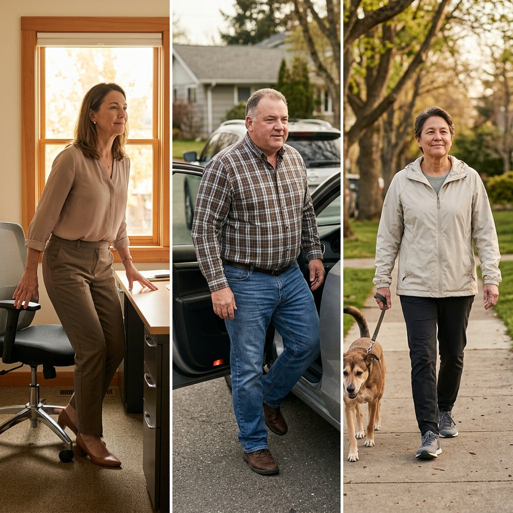 Three sciatica customers in everyday life — a desk worker rising easily from an