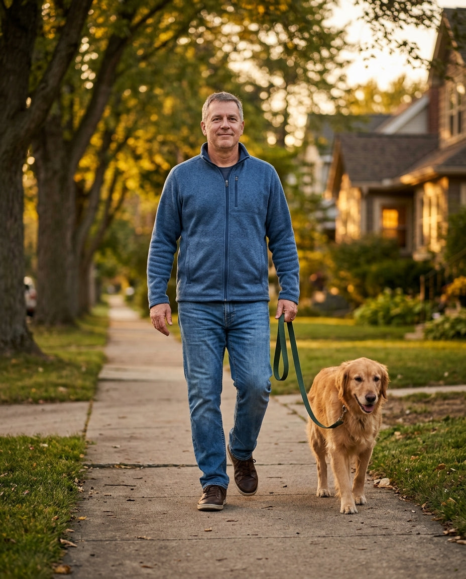 Identity-restoration scene — an active 50-something man moving freely outdoors in evening light: walking