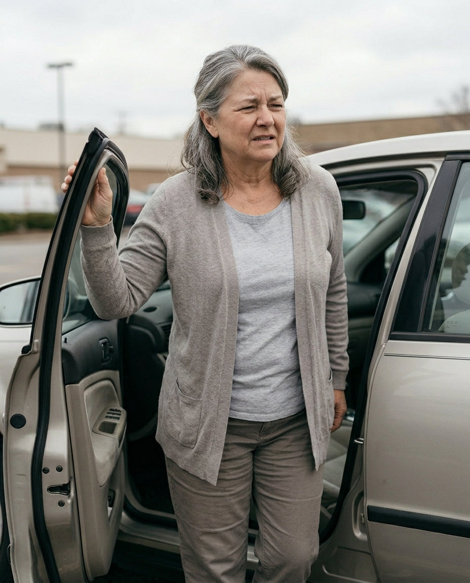 Pain signature — narrator gripping car door frame, standing mid-wince in a parking lot