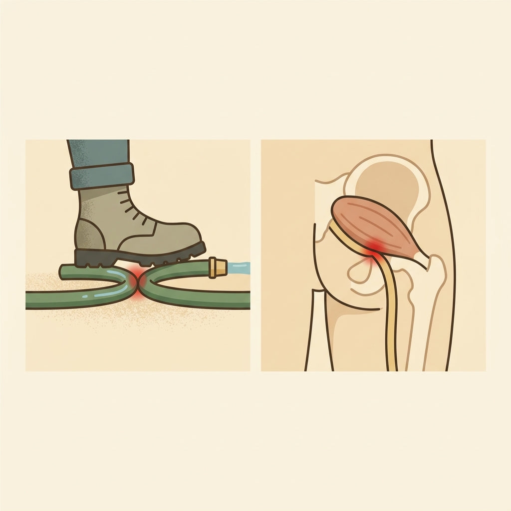 Kinked-garden-hose analogy diagram — hose under a foot / piriformis anatomy overlay showing nerve