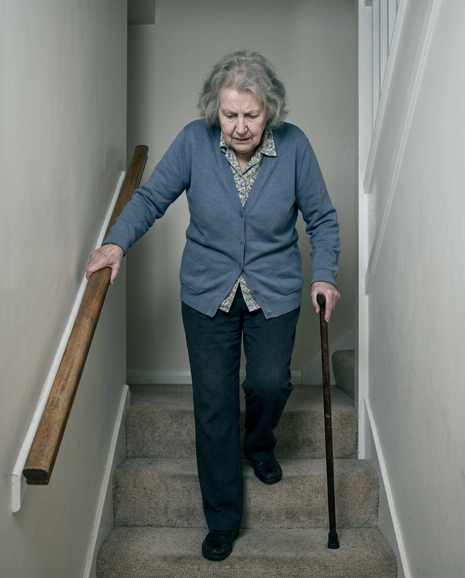 Feared-future scene — a different model (not the narrator) using a cane to descend
