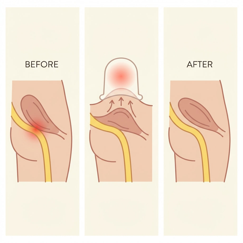 3-panel mechanism diagram — BEFORE: piriformis pressing on sciatic nerve path / PRODUCT-ON: suction