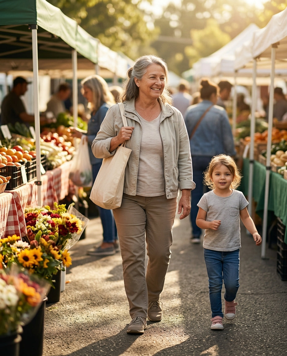 Full-bleed restored-identity photo — narrator walking through a farmers market or outdoor space, natural