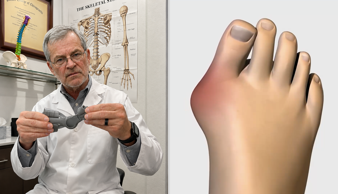 A clinician holding the Cordia dial splint beside a close-up of an inflamed bunion joint