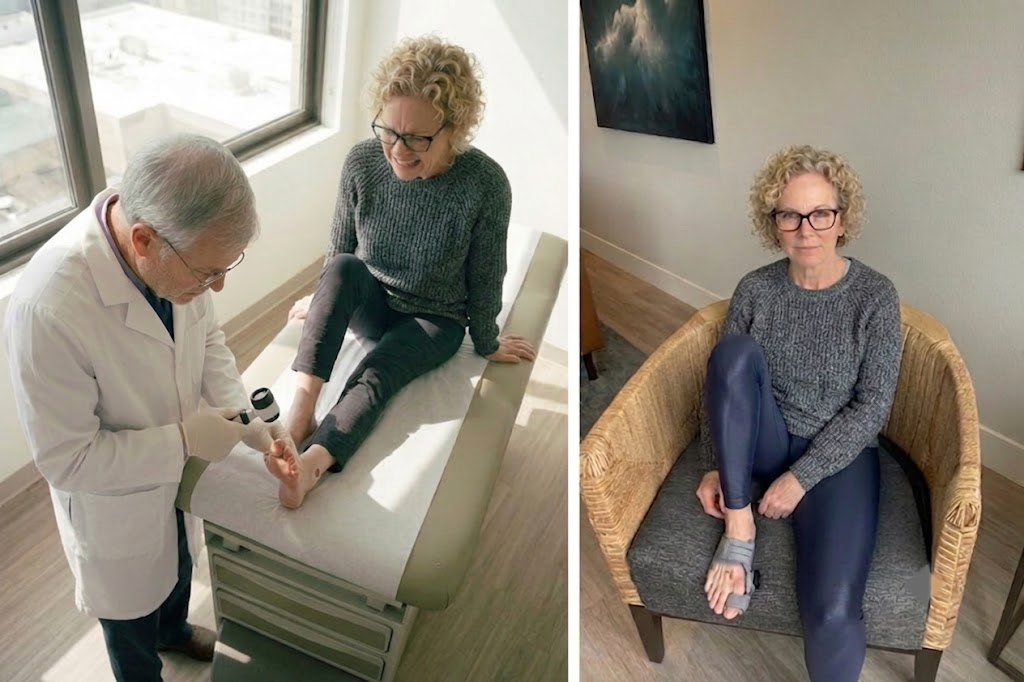 A clinician examining a patient's foot, and the same patient using the corrector at home