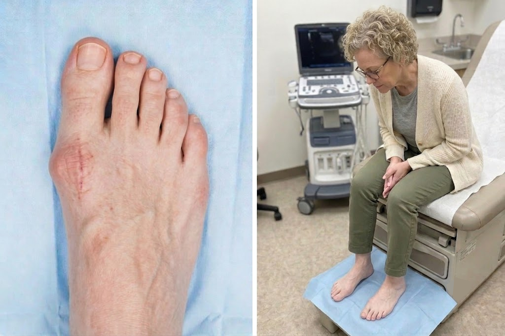 Close-up of a bunion foot beside a woman waiting in a clinical exam room