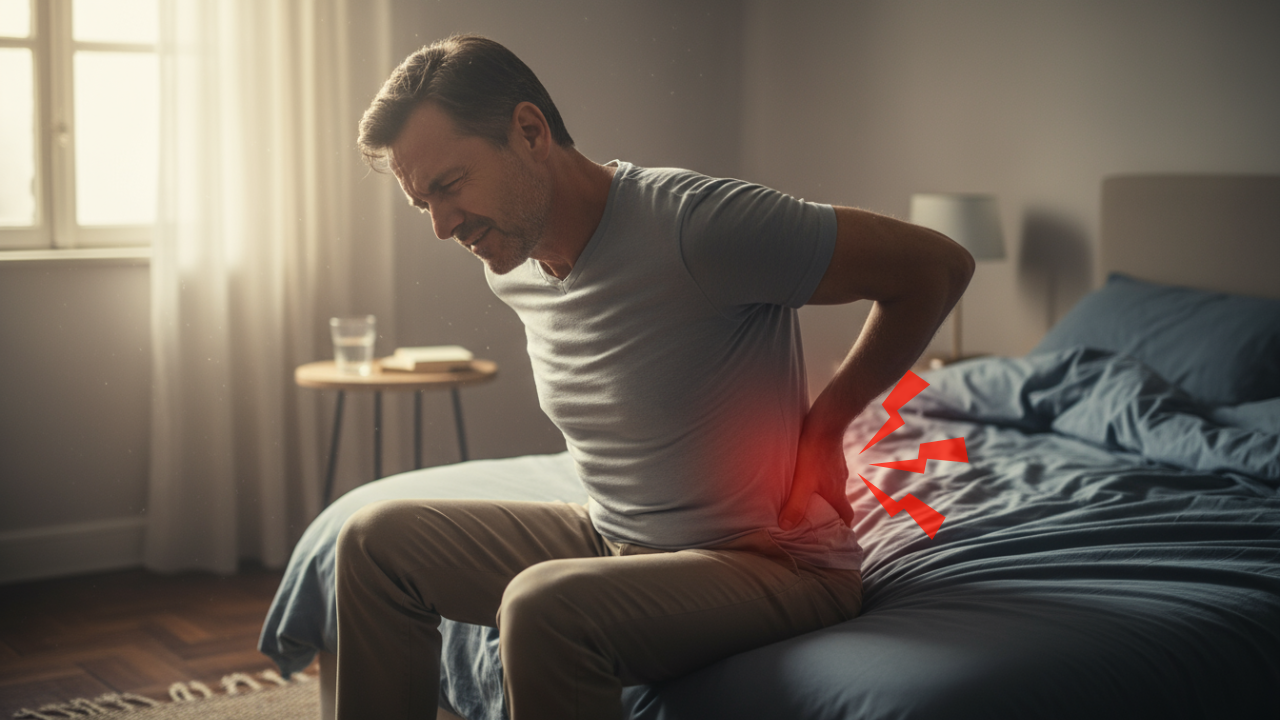 Man sitting on the edge of his bed gripping his lower back in pain