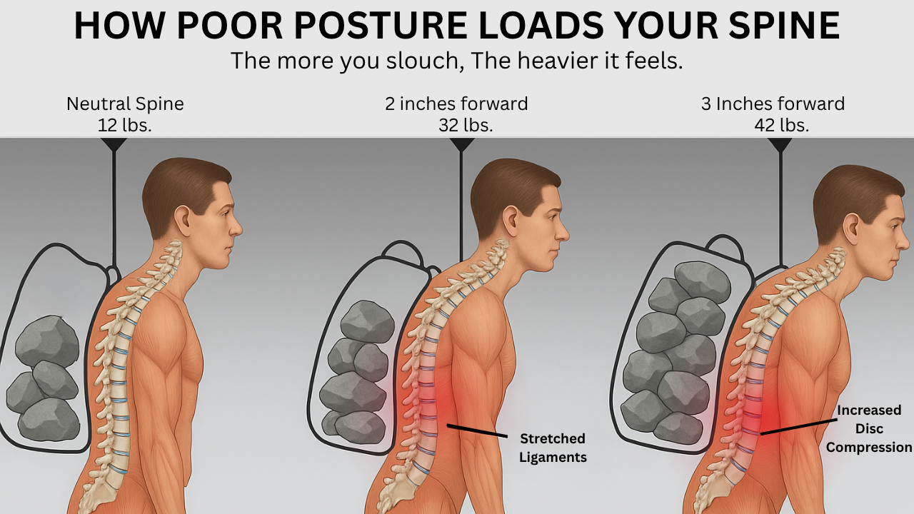 Illustration of three spines showing how forward posture and load increase disc compression