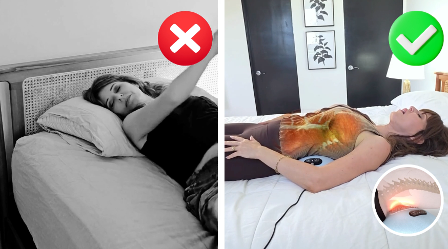 Before/after comparison: woman waking uncomfortably vs relaxed and comfortable using the Cordia device in bed