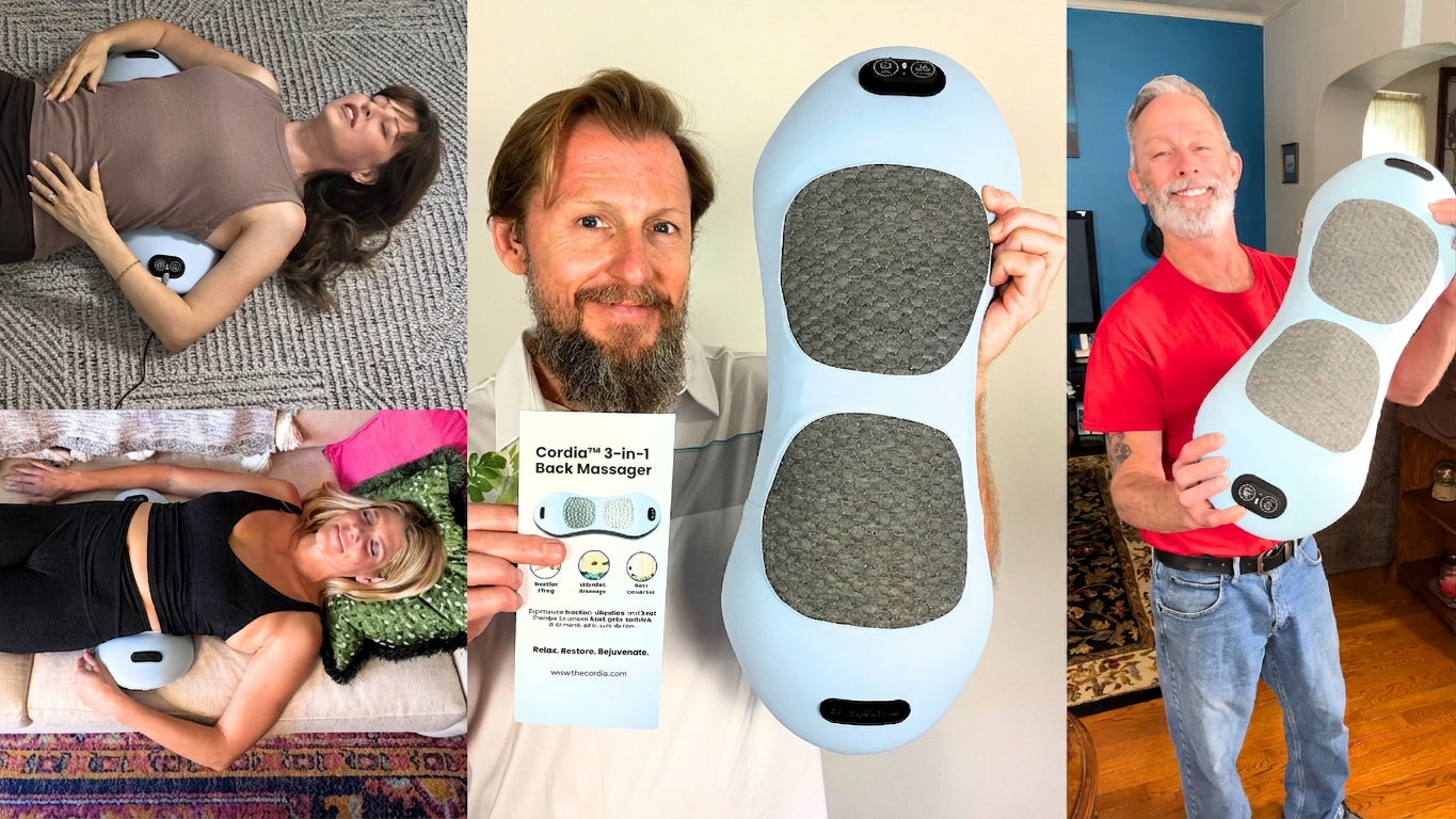 Three real customers holding and using the Cordia 3-in-1 Back Massager at home