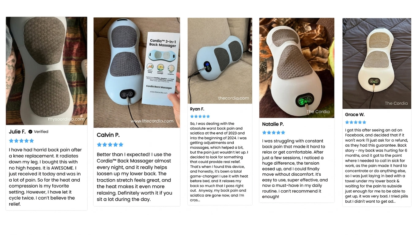 Five real customer review photos with 5-star ratings and names showing the Cordia 3-in-1 Back Massager