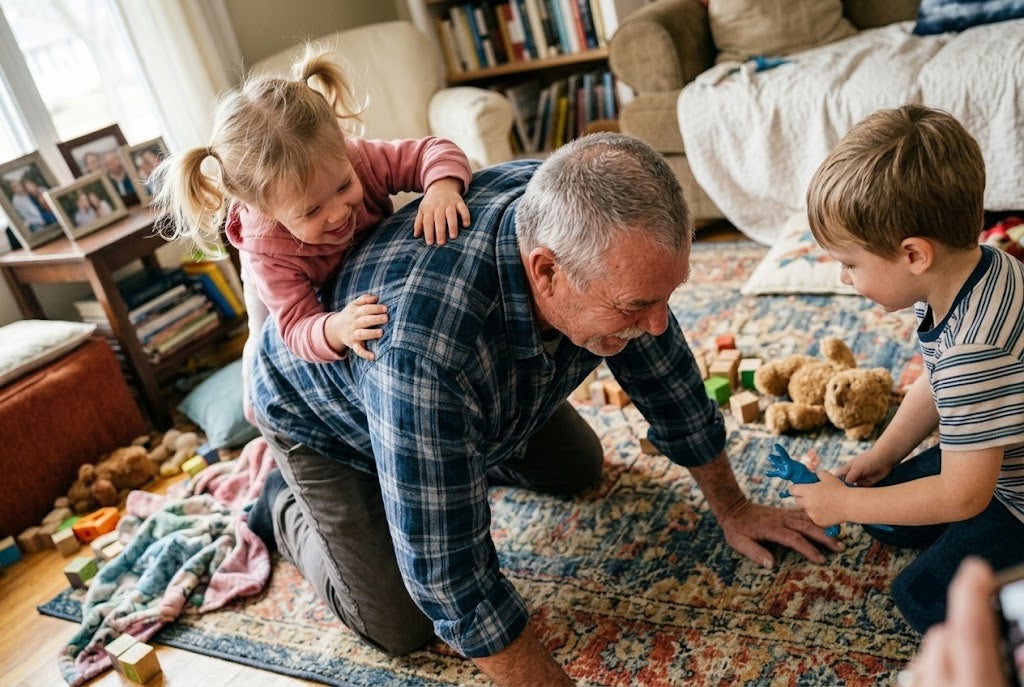 Ray back on the floor playing with his grandkids