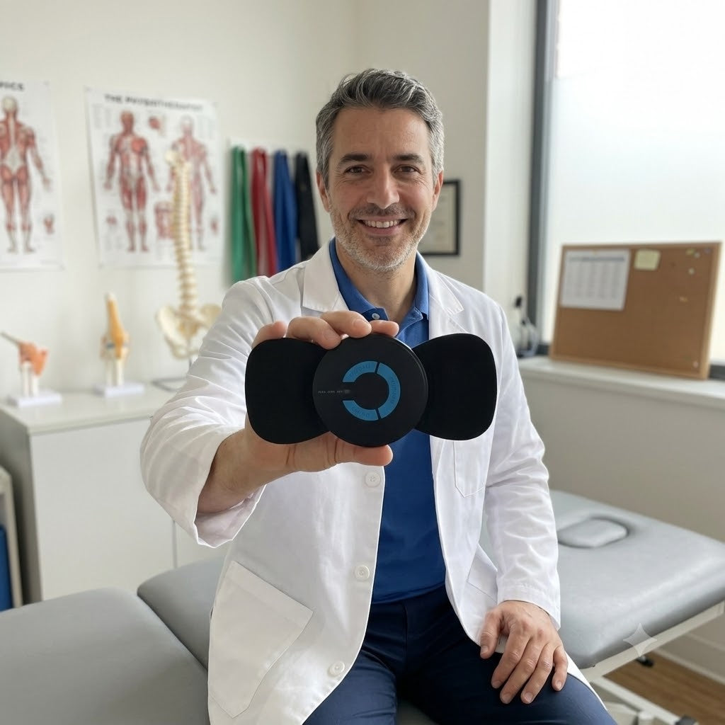 A physical therapist in a clinic holding the Cordia device