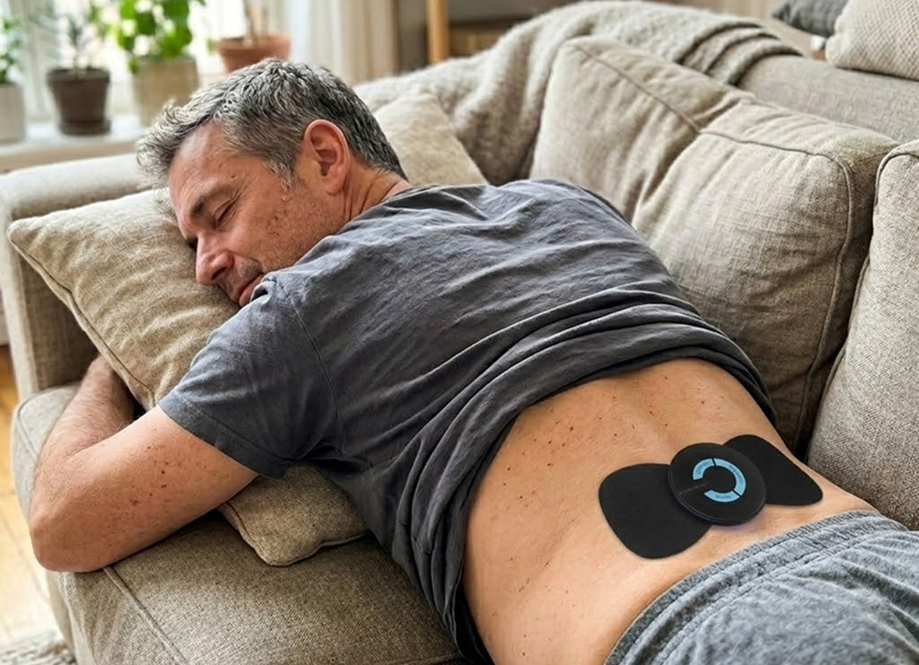 A man resting on the couch with the Cordia on his lower back