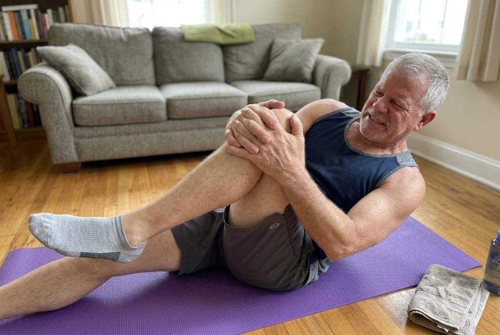 Ray on the floor doing a knee-to-chest stretch, wincing in pain