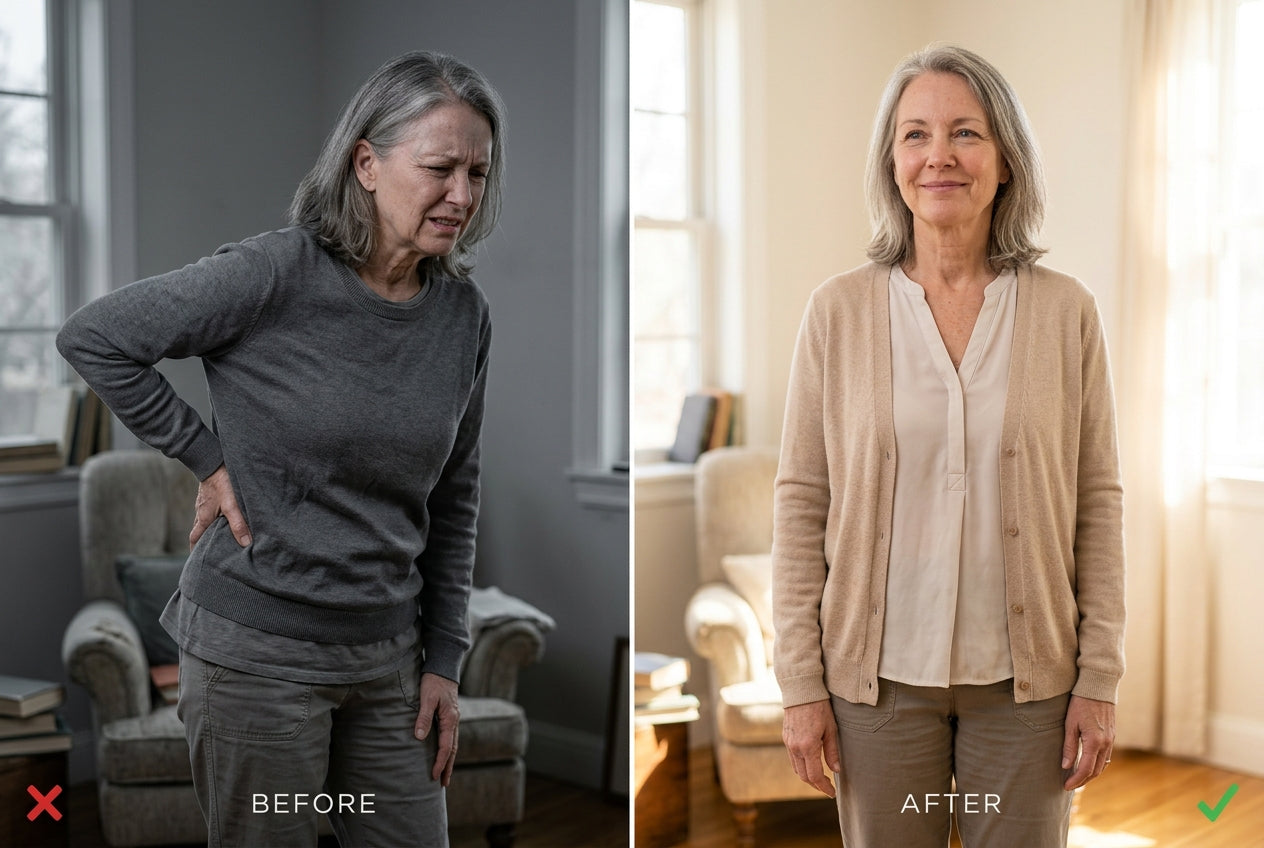 Before/after two-panel. LEFT panel: person hunched, gripping lower back, pained expression, gray tone. RIGHT panel: same