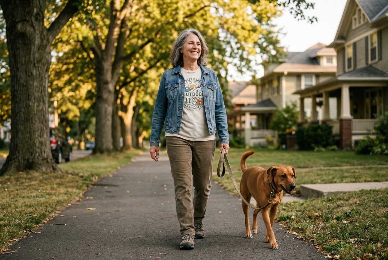 Final lifestyle shot — person walking a dog outdoors, moving freely, relaxed, warm light. The after
