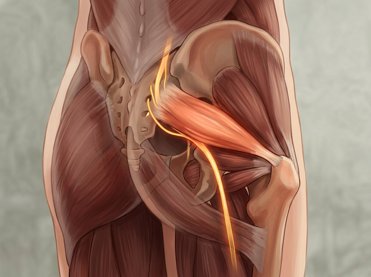 Simple anatomical-style illustration showing the piriformis muscle sitting directly over the sciatic nerve in the glute.