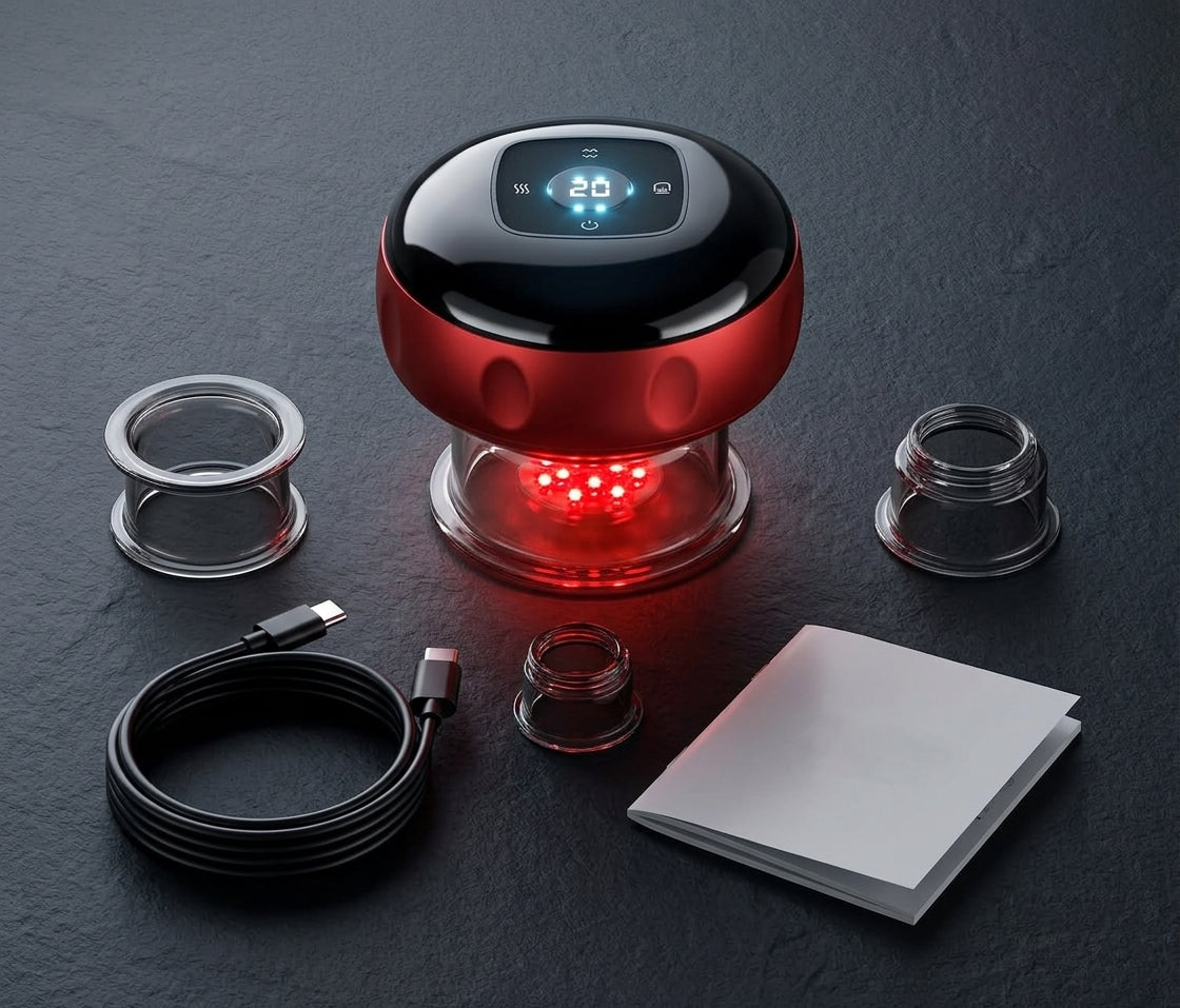 Product flat-lay — Cordia Smart Cupper with 3 interchangeable cup heads, USB-C cable, instruction manual. Dark
