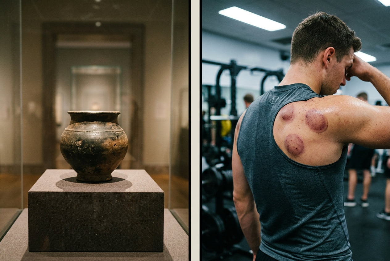 Two-panel collage — LEFT: ancient cupping vessel (museum artifact, editorial feel). RIGHT: professional athlete with circular