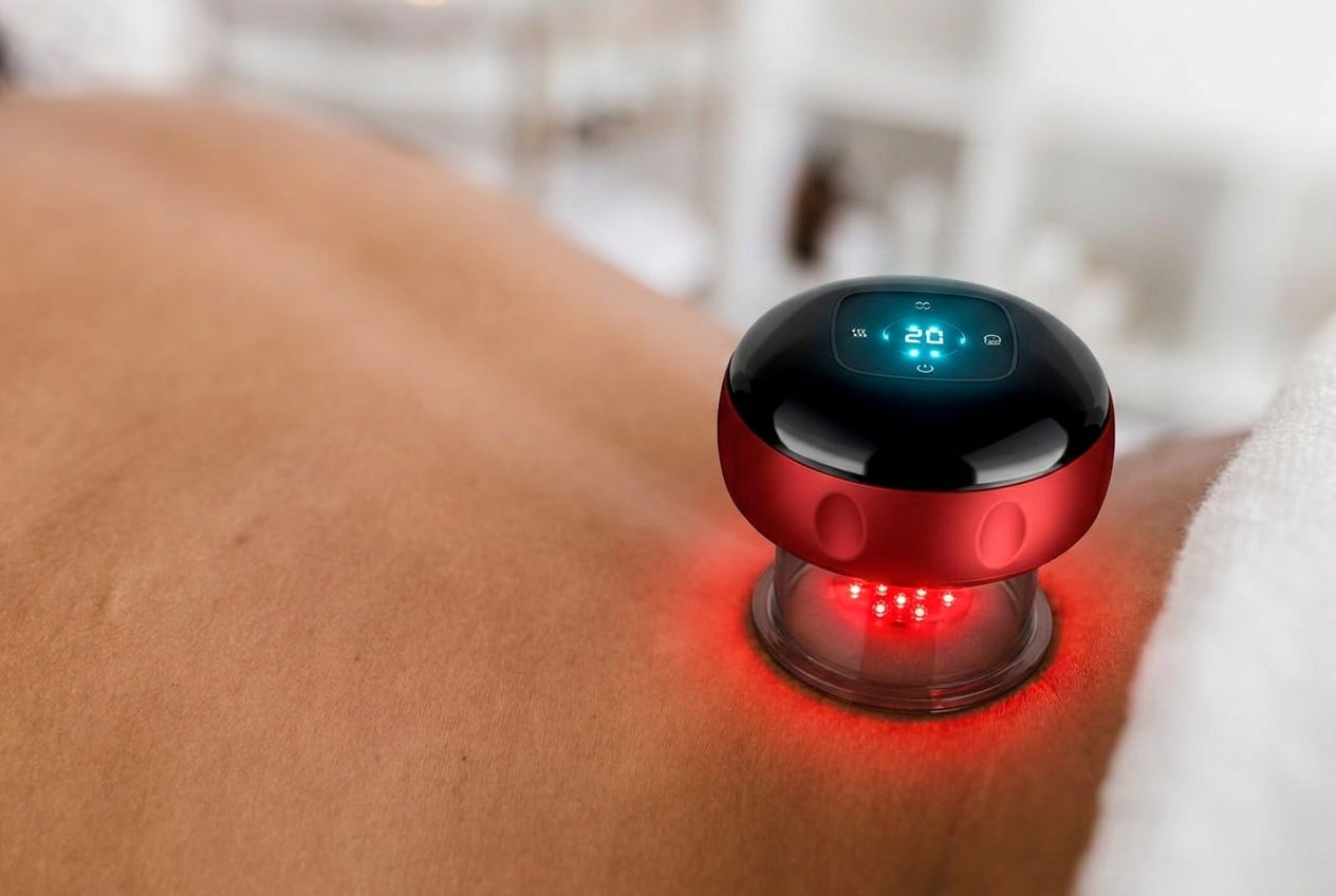 Close-up of Cordia in-use on lower back / glute area — red light glow visible through