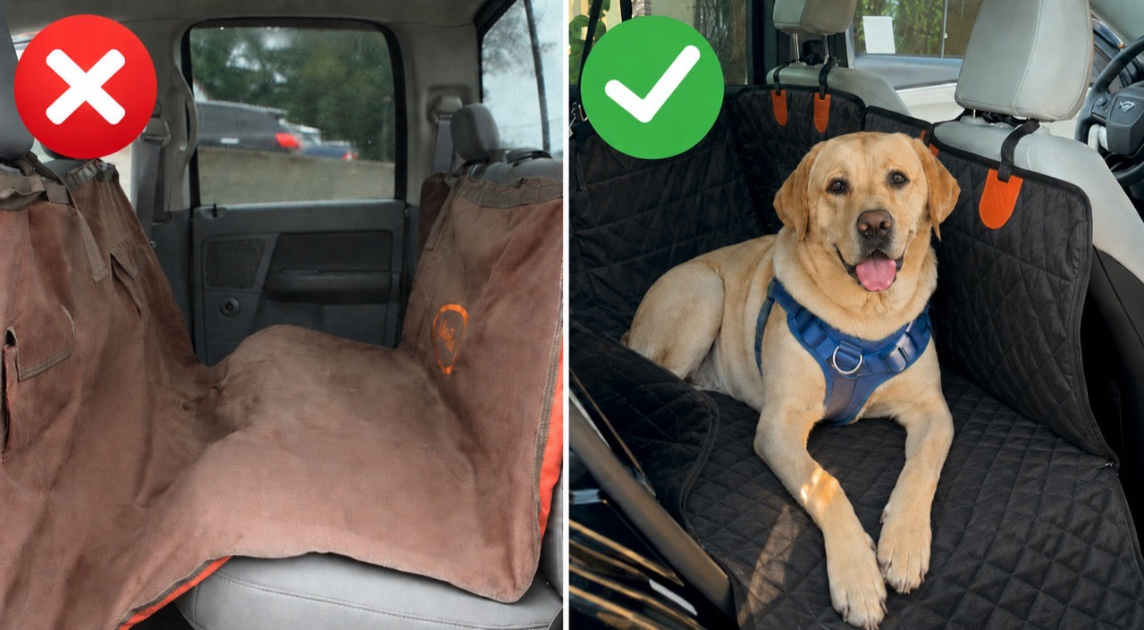 Left: an old soft cover sagging and rucked across an empty back seat. Right: the platform holding flat, with a Labrador lying settled on it.